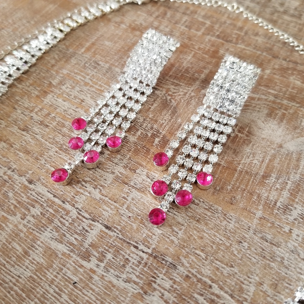 Large Pink and Silver Rhinestone Jewelry Set - Picture 3 of 7